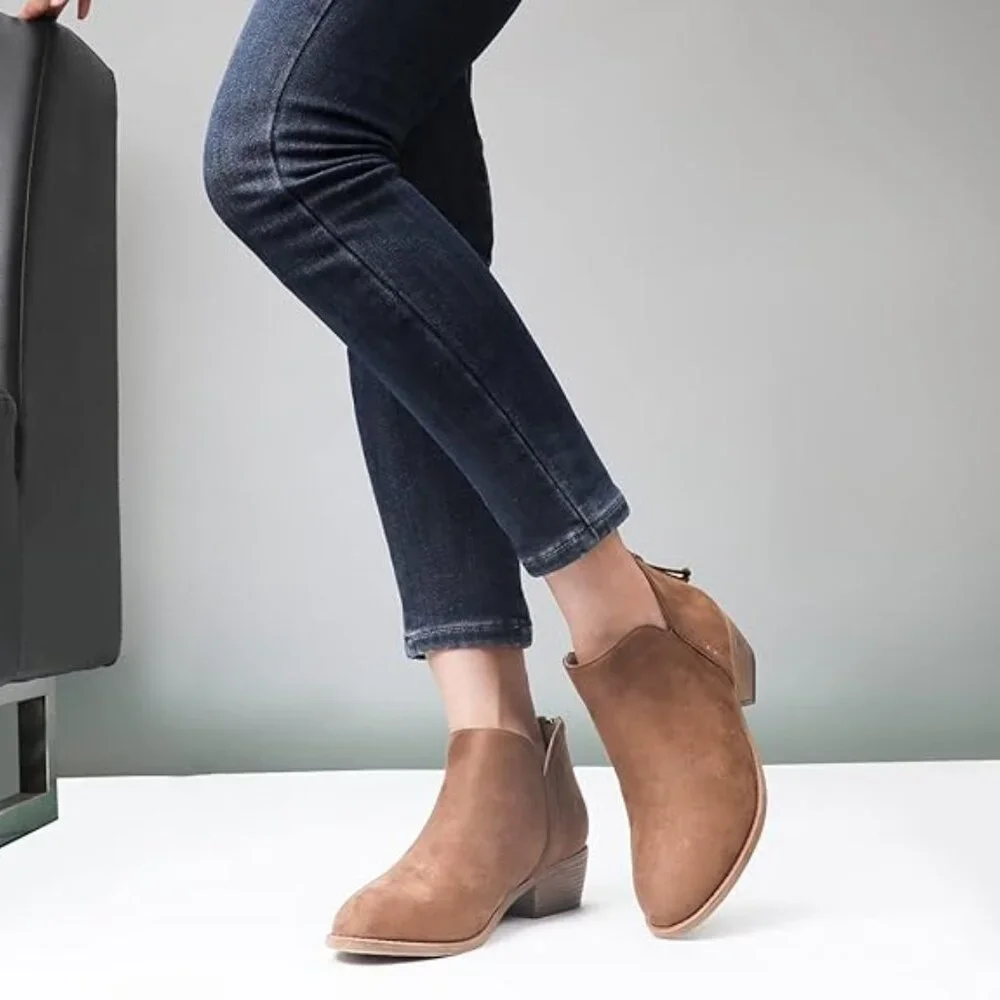 Brown Ankle Boots for Women.Women's Low Heeled Booties.Fashion Thick Heel Design